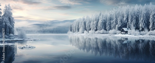 winter lake, dark white and dark aquamarine, realistic yet romantic, whimsical wilderness, glistening, meditative color contrasts. generative AI
