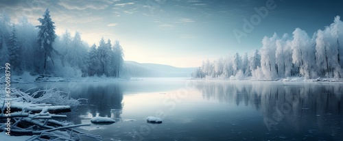 winter lake, dark white and dark aquamarine, realistic yet romantic, whimsical wilderness, glistening, meditative color contrasts. generative AI