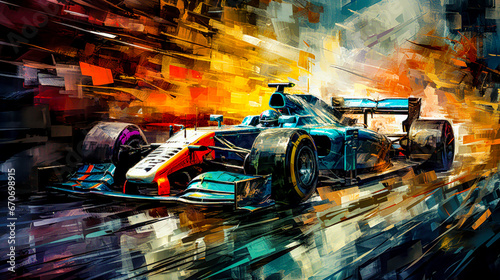 Car Racing Graphic in Oil and Acrylic on Canvas Illustration Wallpaper Cover Background Poster Digital Art 