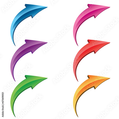 Set of color arrows. 3D color Arrow Shapes Collection.  Set of curved icons. 3d shiny arrows. Vector illustration on white background