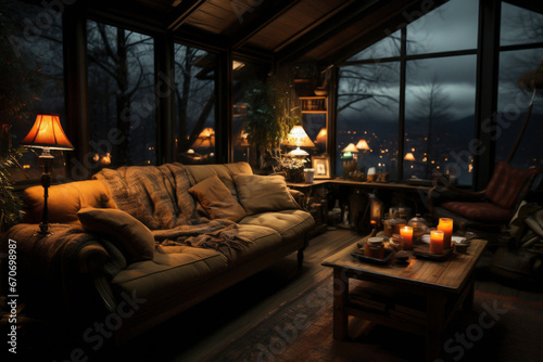 modern cozy living room with large sofa with a large window and a view of beautiful nature wintertime