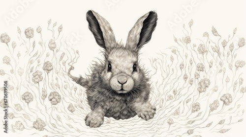  a black and white drawing of a rabbit sitting in the middle of a field of grass with flowers in the background. generative ai
