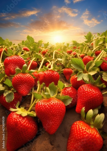 Red fresh strawberries in a row grow in the field, sunset light. Generative Ai.