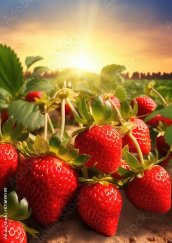 Red fresh strawberries in a row grow in the field  sunset light. Generative Ai.