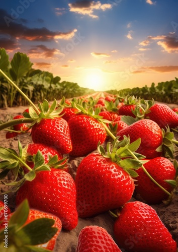 Red fresh strawberries in a row grow in the field, sunset light. Generative Ai.