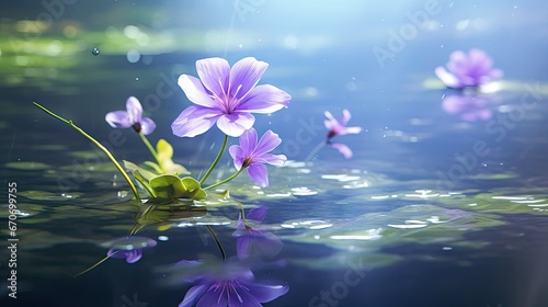  a group of purple flowers floating on top of a body of water next to a green leafy plant in the middle of the water.  generative ai