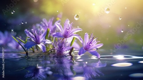  a group of purple flowers floating on top of a body of water with drops of water on the bottom of them.  generative ai