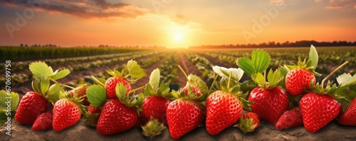 Red fresh strawberries in a row grow in the field, sunset light banner panorama. Generative Ai.