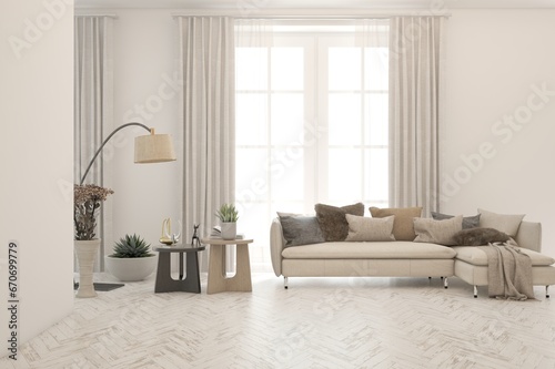 Obraz na płótnie Modern minimalist interior with sofa on empty white color wall background. Interior mockup. Scandinavian interior design. 3D illustration w salonie