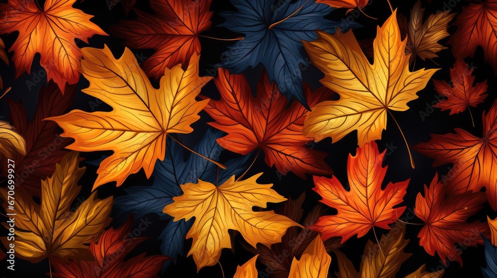  a bunch of colorful leaves that are on a black background with a red, yellow, and blue color scheme.  generative ai
