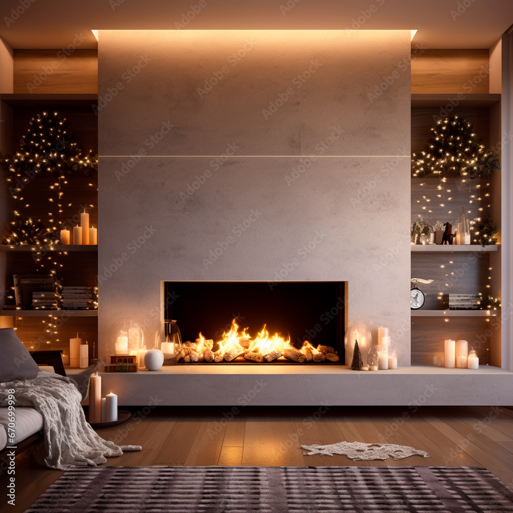 christmas decoration of a modern house with christmas lights and fireplace