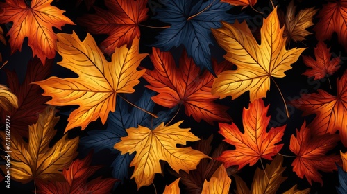 a bunch of colorful leaves that are on a black background with a red  yellow  and blue color scheme.  generative ai