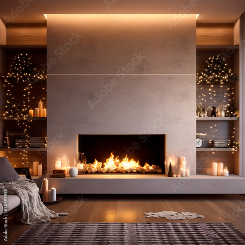 Obraz na płótnie christmas decoration of a modern house with christmas lights and fireplace w salonie