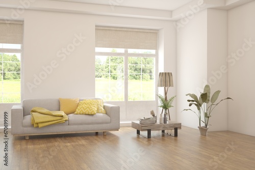 White living room with sofa and summer landscape in window. Scandinavian interior design. 3D illustration © AntonSh