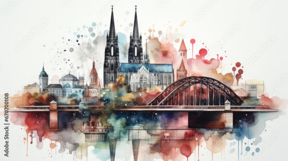 An illustration of Cologne's old town in colorful watercolors, isolated on a white background - obrazy, fototapety, plakaty 