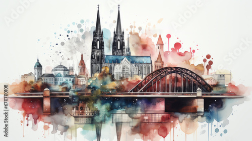 An illustration of Cologne's old town in colorful watercolors, isolated on a white background photo