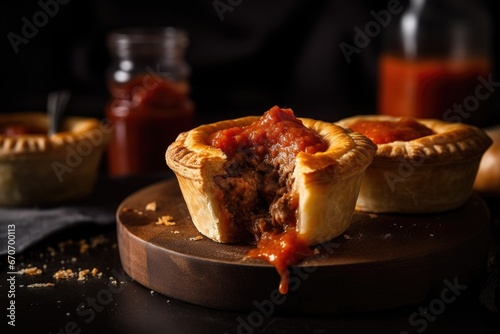 A close-up of a delicious Australian meat pie with tomato sauce, a popular food choice on Australia Day. The mouthwatering details and savory appeal of the traditional dish. photo