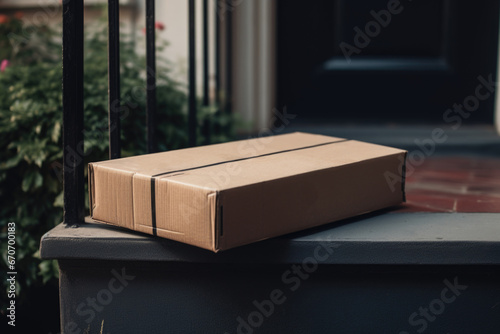 A package being delivered to a doorstep  symbolizing the excitement of receiving online purchases made on Cyber Monday. The convenience of doorstep delivery.