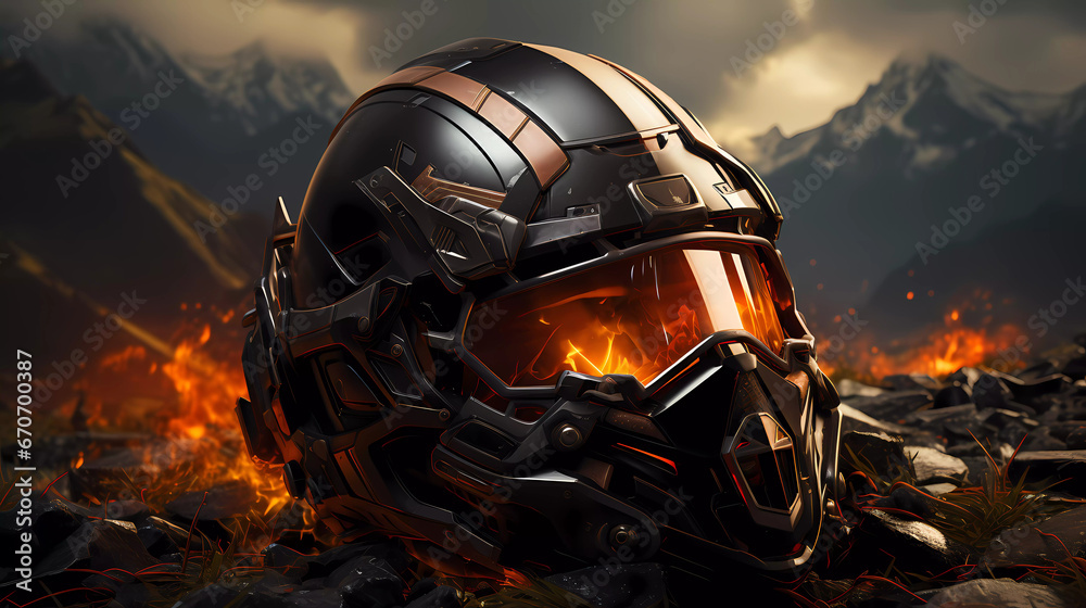 A football helmet is on fire with a background of mountains and a sky with clouds and lights behind it A football helmet is on fire with a background of mountains and a sky with clouds and lights behind it