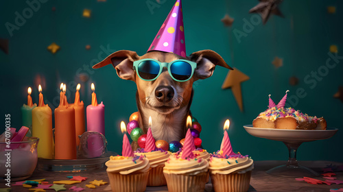 A dog wearing sunglasses and a birthday cake with candles and confetti on it