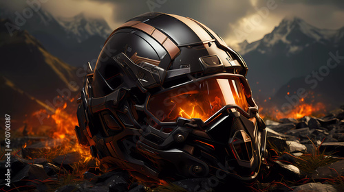 A football helmet is on fire with a background of mountains and a sky with clouds and lights behind it photo