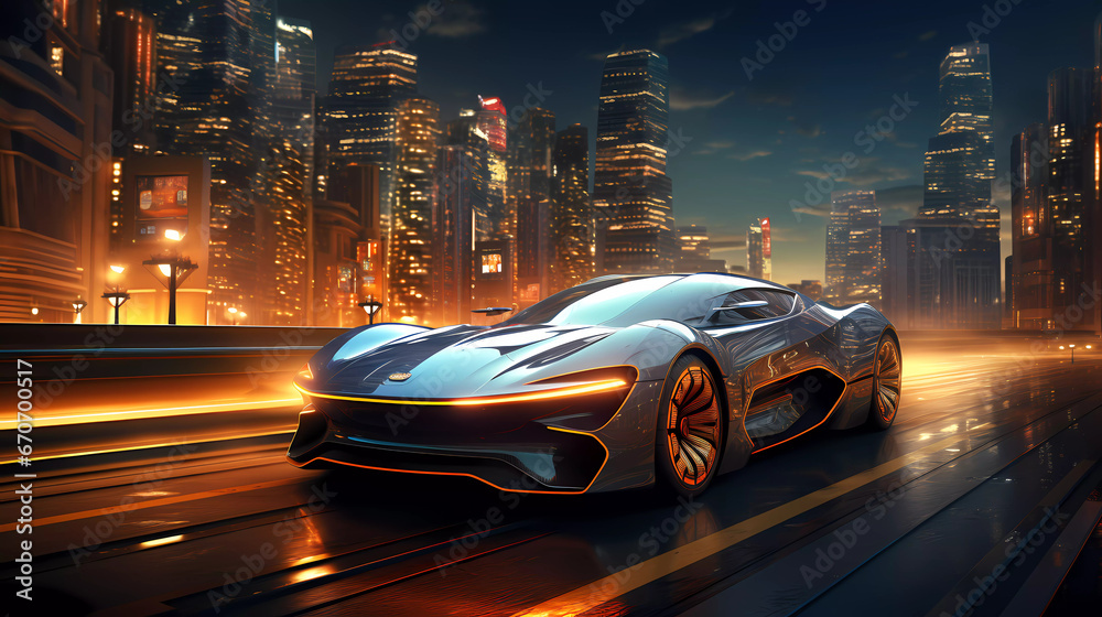 a futuristic car driving down a city street at night with a city skyline in the background and a glowing light