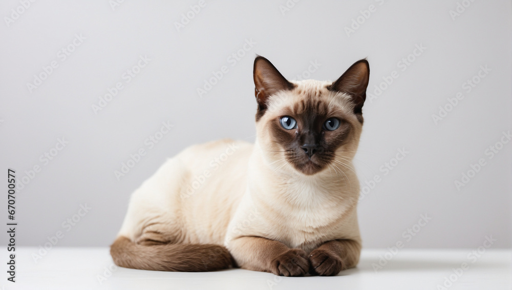 Siamese cat isolated on a white background. Backdrop with copy space