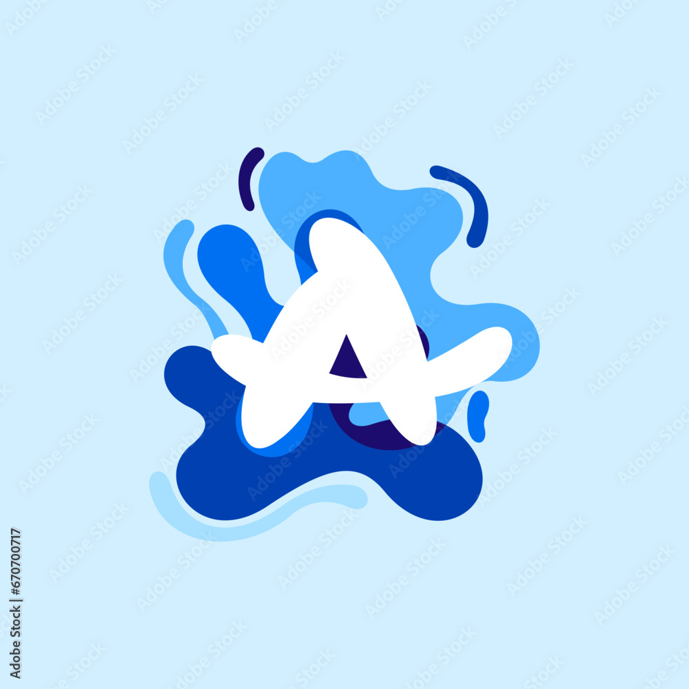 Letter A pure water logo. Swirling overlapping shape with splashing drops. Letter A pure water logo. Swirling overlapping shape with splashing drops.