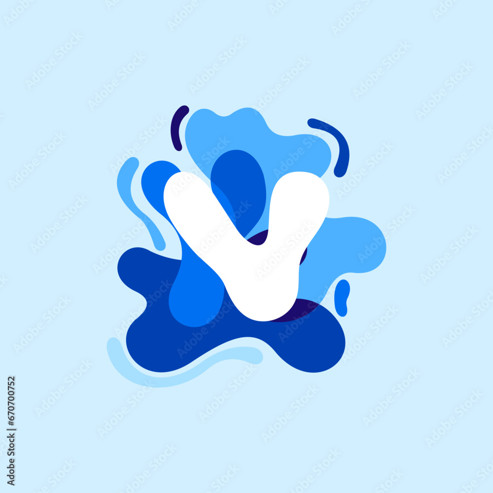 Letter V pure water logo. Swirling overlapping shape with splashing drops. Letter V pure water logo. Swirling overlapping shape with splashing drops.
