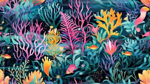  a colorful underwater scene with corals  fish  and other marine life on a dark blue background with corals and algaes.  generative ai
