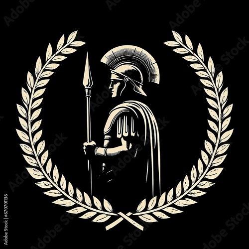 Silueta de un soldado romano sobre una corona de laurel y un fondo negro photo