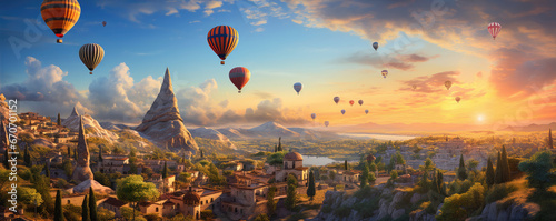 Cappadocia, Hot air colores balloons flying over country.