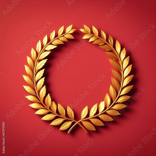 Una corona de laurel dorada sobre un fondo rojizo