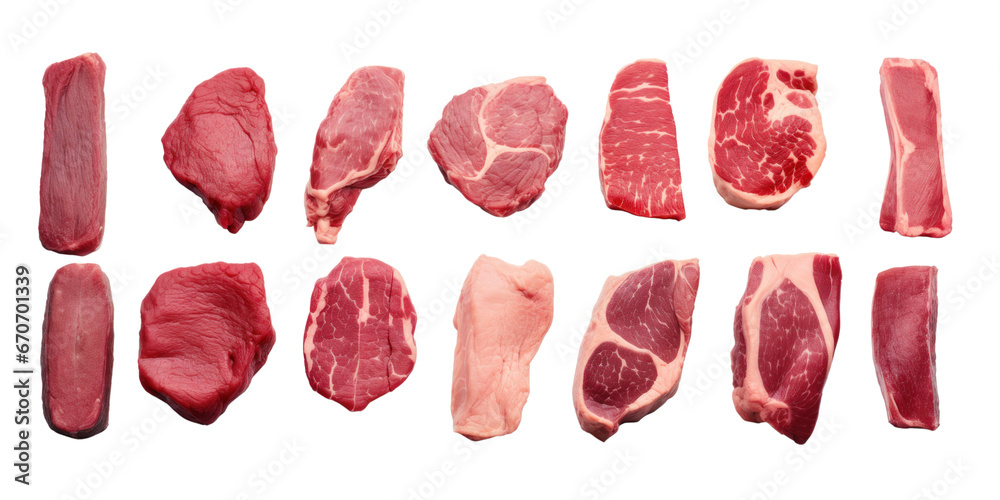 Set of different raw steaks, top view, isolated Set of different raw steaks, top view, isolated
