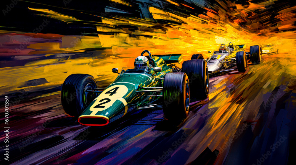 Car Racing Graphic in Oil and Acrylic on Canvas Illustration Wallpaper Cover Background Poster Digital Art