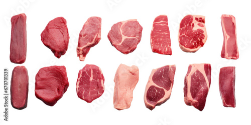 Fototapete Set of different raw steaks, top view, isolated