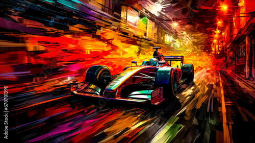 Car Racing Graphic in Oil and Acrylic on Canvas Illustration Wallpaper Cover Background Poster Digital Art