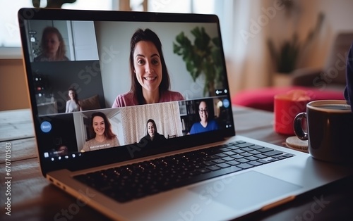 Woman is sitting on a sofa in a living room and looking at a cam talk by video call with friend or relatives