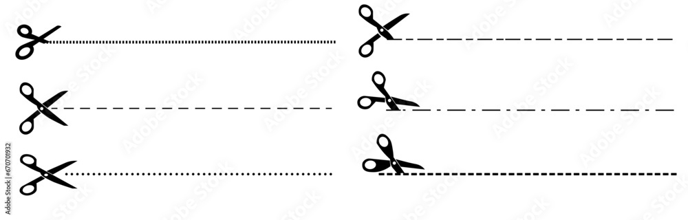 Set of scissors with cut lines flat style on a white background vector graphics eps10 - obrazy, fototapety, plakaty 