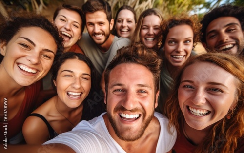 Group of cheerful happy young friends taking selfie portrait looking at the camera smiling © piai