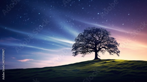  a lone tree sitting on top of a hill under a night sky filled with stars and a star filled sky. generative ai