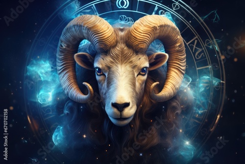 Zodiac sign of aries head with magic light in star wheel , horoscope. Generative Ai. © annamaria