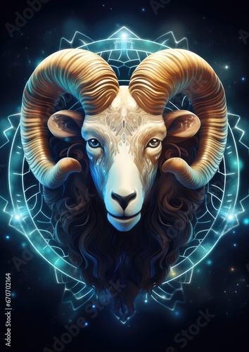 Zodiac sign of aries head with magic light in star wheel , horoscope. Generative Ai. © annamaria