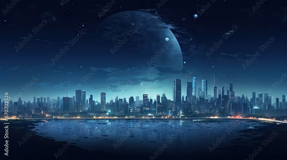  a view of a city at night with a moon in the sky and a large body of water in the foreground.  generative ai