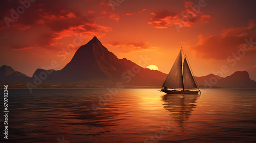 a large boat sailing across a body of water at sunset with a mountain in the background and a sun setting