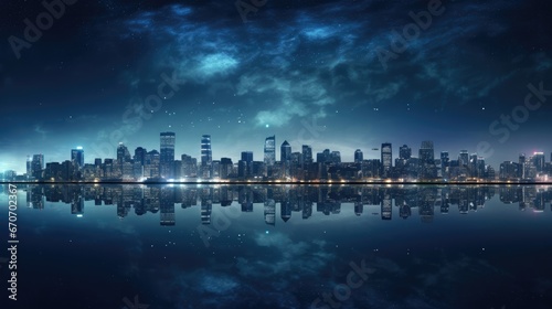  a view of a city at night from across a body of water with a reflection of the city in the water.  generative ai