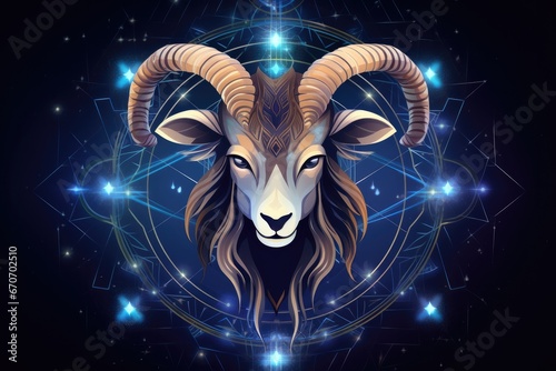 Zodiac sign of capricorn head with magic light in star wheel , horoscope. Generative Ai. photo