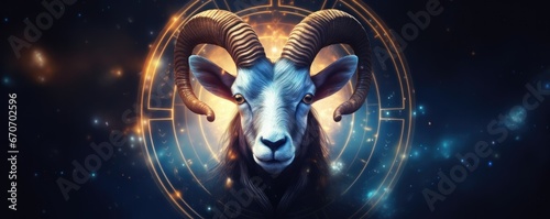 Zodiac sign of capricorn head with light in star wheel , horoscope panorama. Generative Ai.
