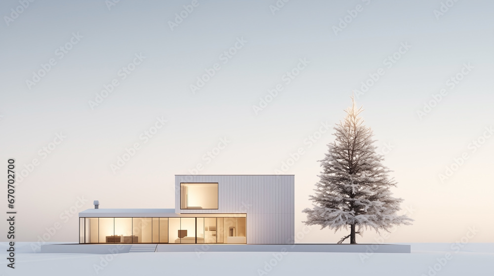 Christmas tree in Modern house exterior inspired by minimalism. Afternoon light. House and Christmas Tree. Empty in Space