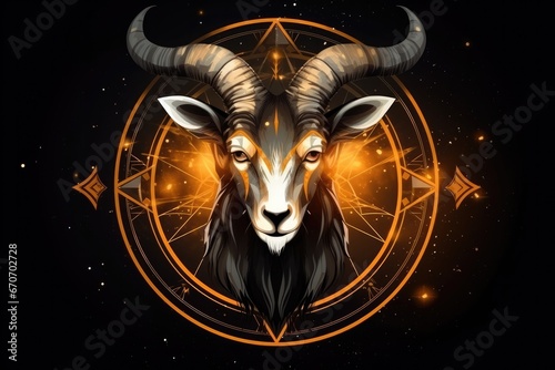 Zodiac sign of capricorn head with magic light in star wheel , horoscope. Generative Ai.